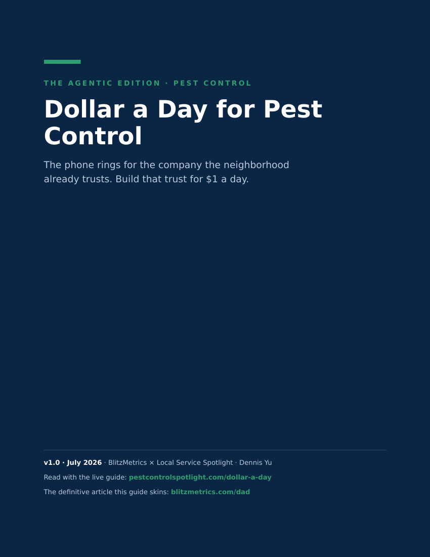 Cover of the Dollar a Day for Pest Control PDF guide, Pest Control edition, version 1.0 July 2026